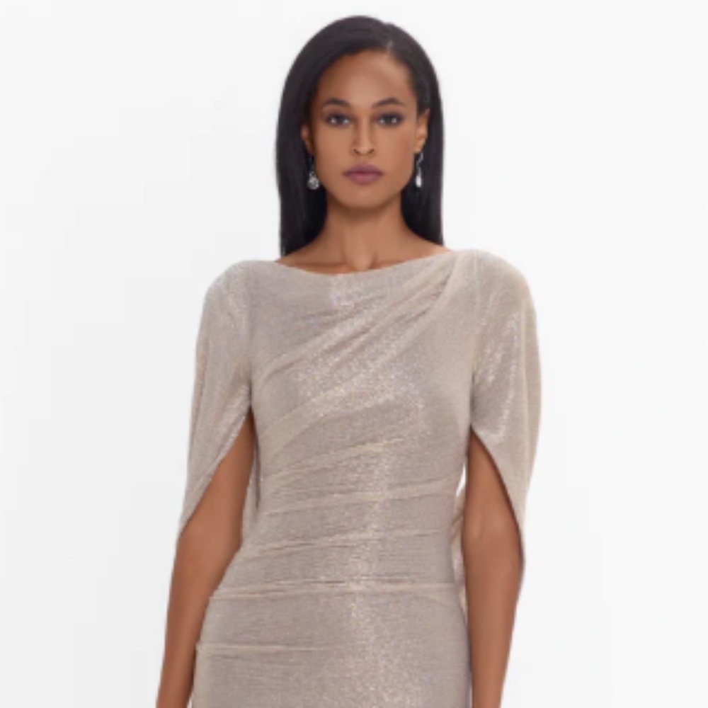 Betsy & Adam Metallic Cape Gown